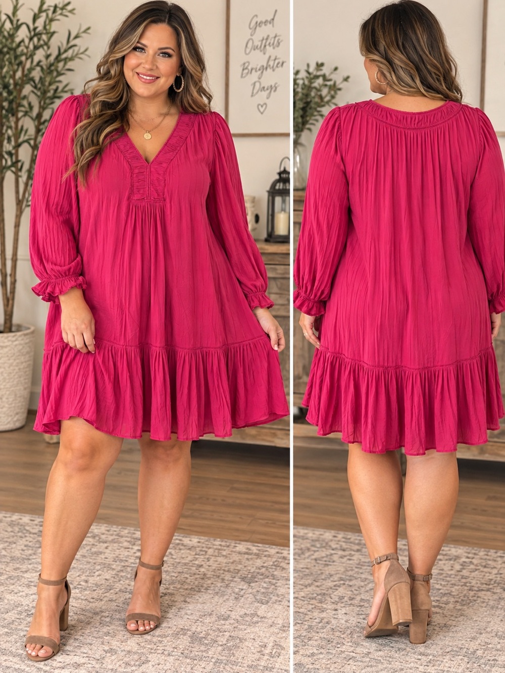 Anthropologie Fuchsia Long-Sleeve V-Neck Tunic Dress